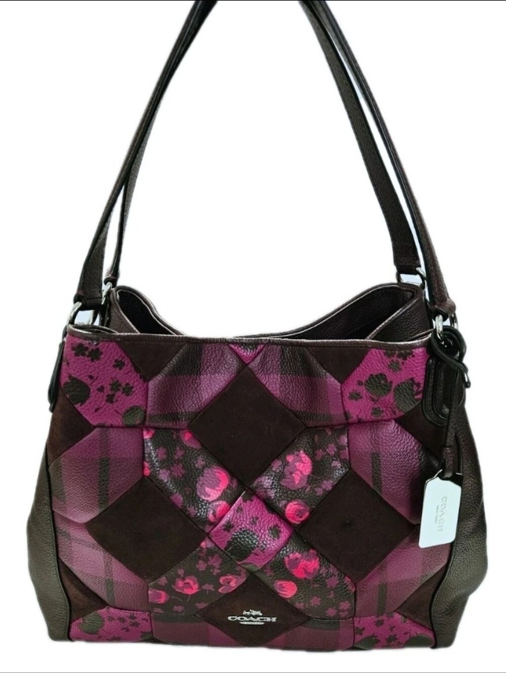 Coach Oxblood Patchwork Floral Print Edie Turn Lock Leather/Suede Shoulder Bag